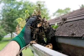 Handyman cleaning and maintaining residential gutters