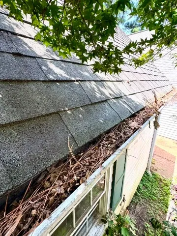 Before gutter cleaning in Green Bay – clogged rain gutters full of leaves and debris