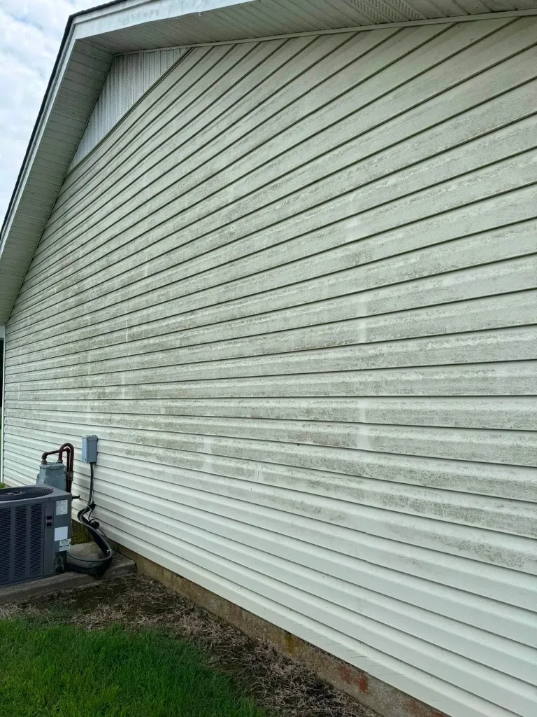 Before house siding pressure washing in Green Bay – dirty vinyl siding covered in algae